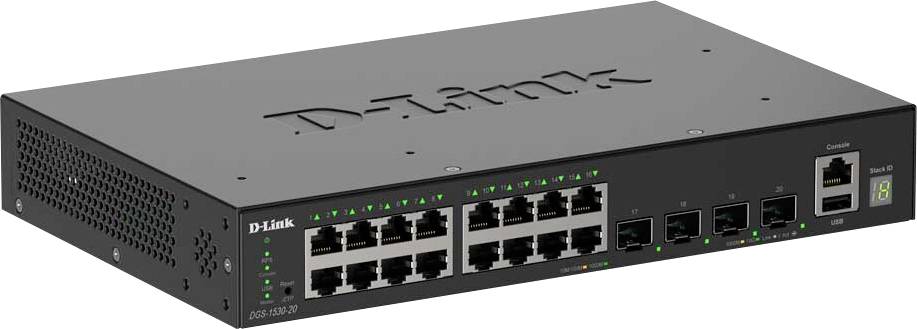 Ein D-Link-Netzwerk-Switch mit 24 Ethernet-Ports und 4 Uplink-Ports, der zum Verbinden mehrerer Geräte in einem lokalen Netzwerk verwendet wird.