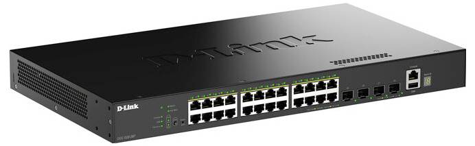 D-Link Netzwerk-Switch mit 24 Ethernet-Ports und LED-Indikatorleuchten, verwendet zum Verbinden mehrerer Geräte in einem Netzwerk.