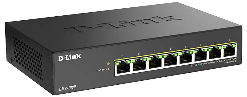 D-Link DGS-108P Switch mit acht Ethernet-Ports, LED-Anzeigen für Konnektivität und PoE (Power over Ethernet) Unterstützung.