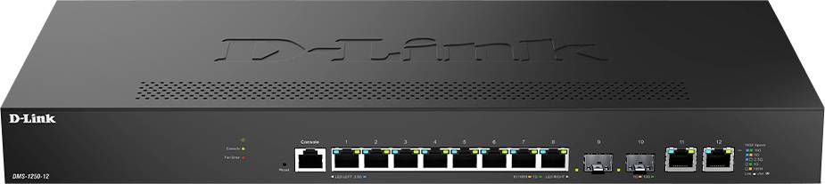 Ein schwarzer D-Link-Netzwerk-Switch mit zwölf Ethernet-Ports und zwei SFP-Ports auf der Frontplatte, der zum Verbinden mehrerer Geräte in einem Netzwerk verwendet wird.