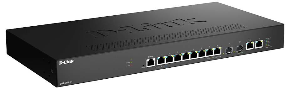 D-Link Netzwerkswitch mit 11 Anschlüssen, einschließlich Ethernet- und Uplink-Verbindungen sowie LED-Statusanzeigen auf der Frontplatte.