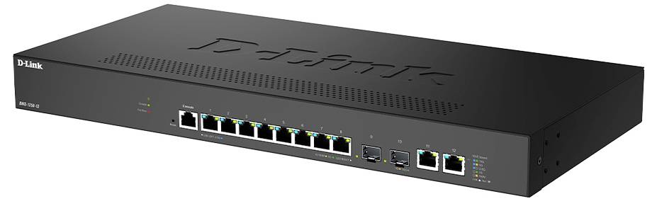 Ein D-Link Netzwerk-Switch mit mehreren Ethernet-Ports und LED-Anzeigen, der zum Management und Routing von Daten in einer Netzwerkumgebung verwendet wird.