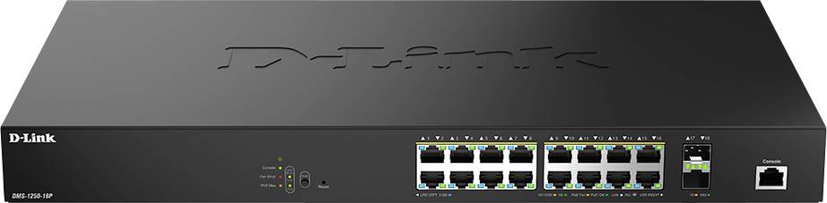 Ein schwarzer D-Link-Netzwerk-Switch mit mehreren Ethernet-Ports und Anzeigelichtern auf dem Frontpanel.