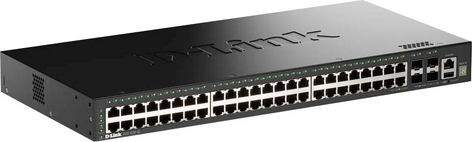 Ein D-Link-Netzwerk-Switch mit 48 Ethernet-Anschlüssen und LED-Anzeigen auf der Frontplatte, der üblicherweise zum Verbinden mehrerer Geräte in einem Netzwerk verwendet wird.