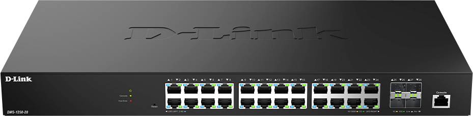 Ein schwarzer D-Link Netzwerk-Switch mit 24 Ethernet-Ports und vier zusätzlichen Modulen. Das D-Link-Logo ist an der Oberseite eingeprägt.