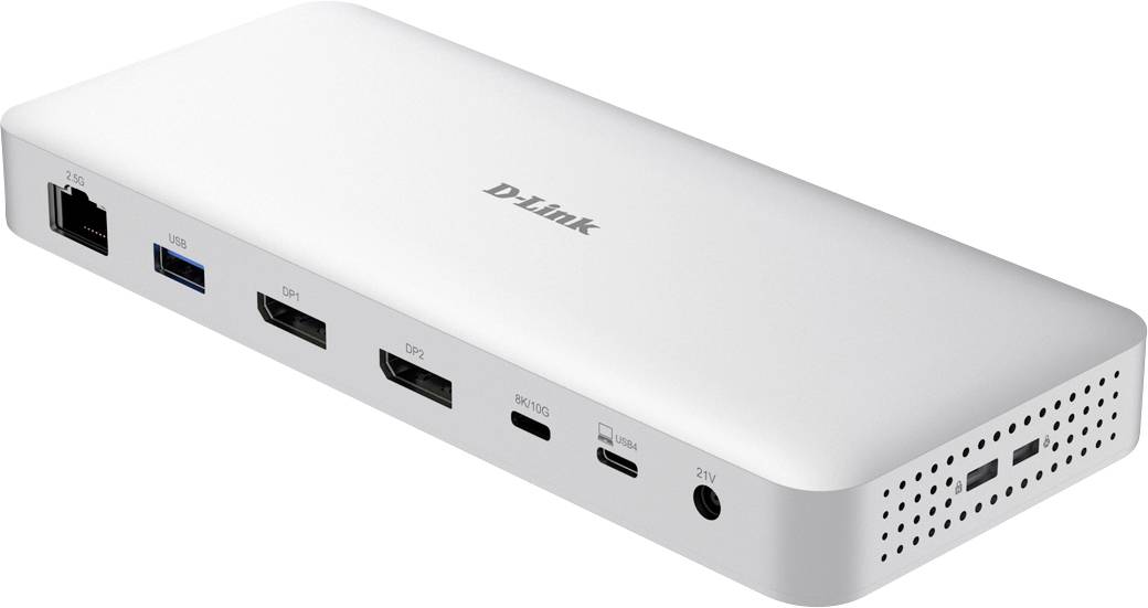 Eine silberne Docking-Station mit verschiedenen Anschlüssen wie USB, Ethernet, HDMI und Audioeingang. Das Logo der Marke ist oben angeordnet.
