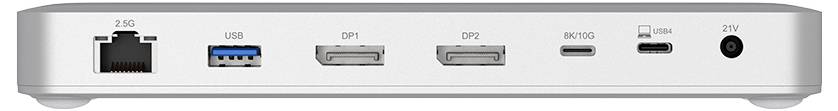 Rückansicht eines Computer-Docks mit Anschlüssen: Ethernet, USB 3.0, zwei DisplayPort, mini DisplayPort, USB-C, HDMI und einer Strombuchse.
