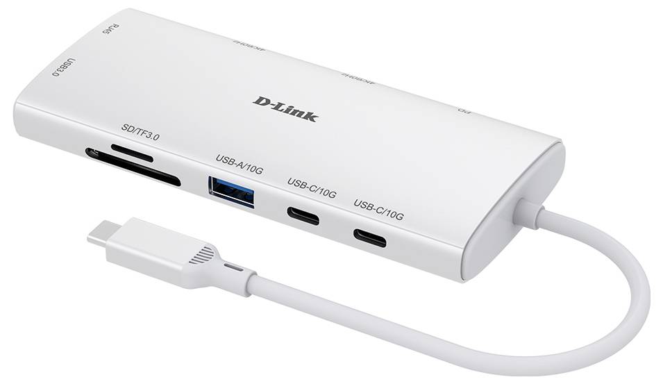 Ein weißer D-Link USB-C Hub mit mehreren Anschlüssen, einschließlich USB-A, USB-C, HDMI und SD-Kartenslots, der verschiedene Konnektivitätsoptionen präsentiert.