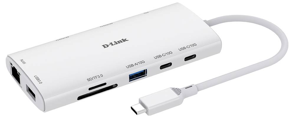 Ein weißer D-Link USB-C-Hub mit mehreren Anschlüssen, einschließlich HDMI, USB, SD-Kartensteckplätzen und anderen Verbindungen, der über ein Kabel angeschlossen ist.