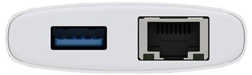 Eine Nahaufnahme eines weißen Geräts, das zwei Anschlüsse zeigt: einen USB-Anschluss links und einen Ethernet-Anschluss rechts.