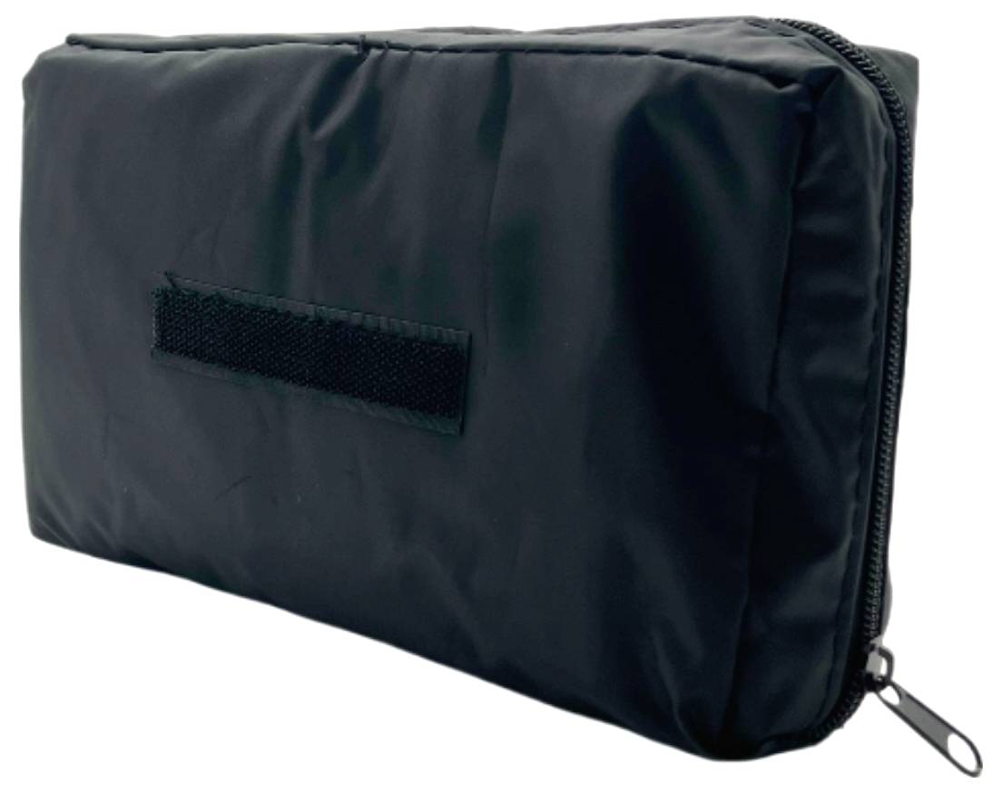 Ein rechteckiges schwarzes Reißverschlussetui mit einem Klettverschluss an einer Seite, das zum Aufbewahren von kleinen Gegenständen oder Accessoires verwendet wird.