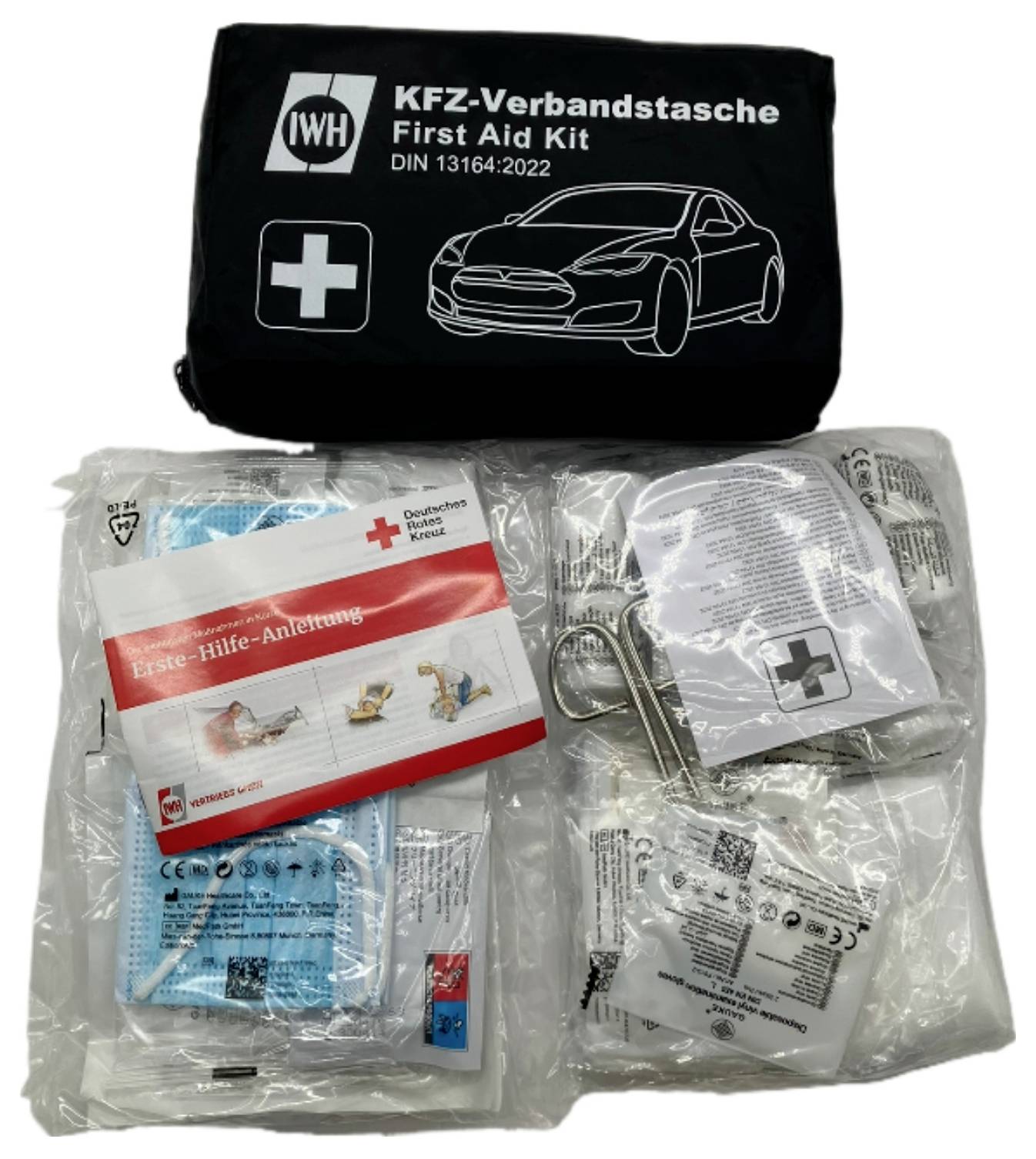 Erste-Hilfe-Set in einem schwarzen Etui mit einer Autografik und DIN 13164:2022. Inhalt umfasst Verbandsmaterial, Gebrauchsanweisung und Sicherheitszubehör.