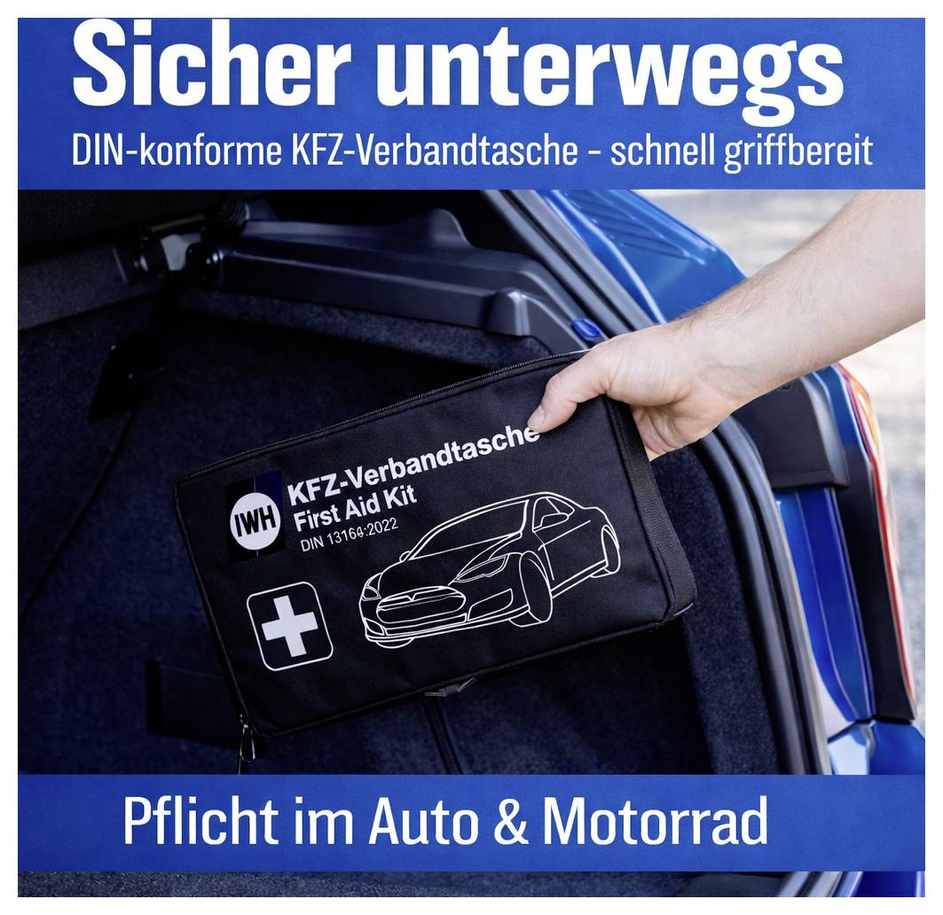 Person verstaut 'KFZ-Verbandtasche' im Kofferraum. Text besagt: 'Sicher unterwegs. Pflicht im Auto & Motorrad.'