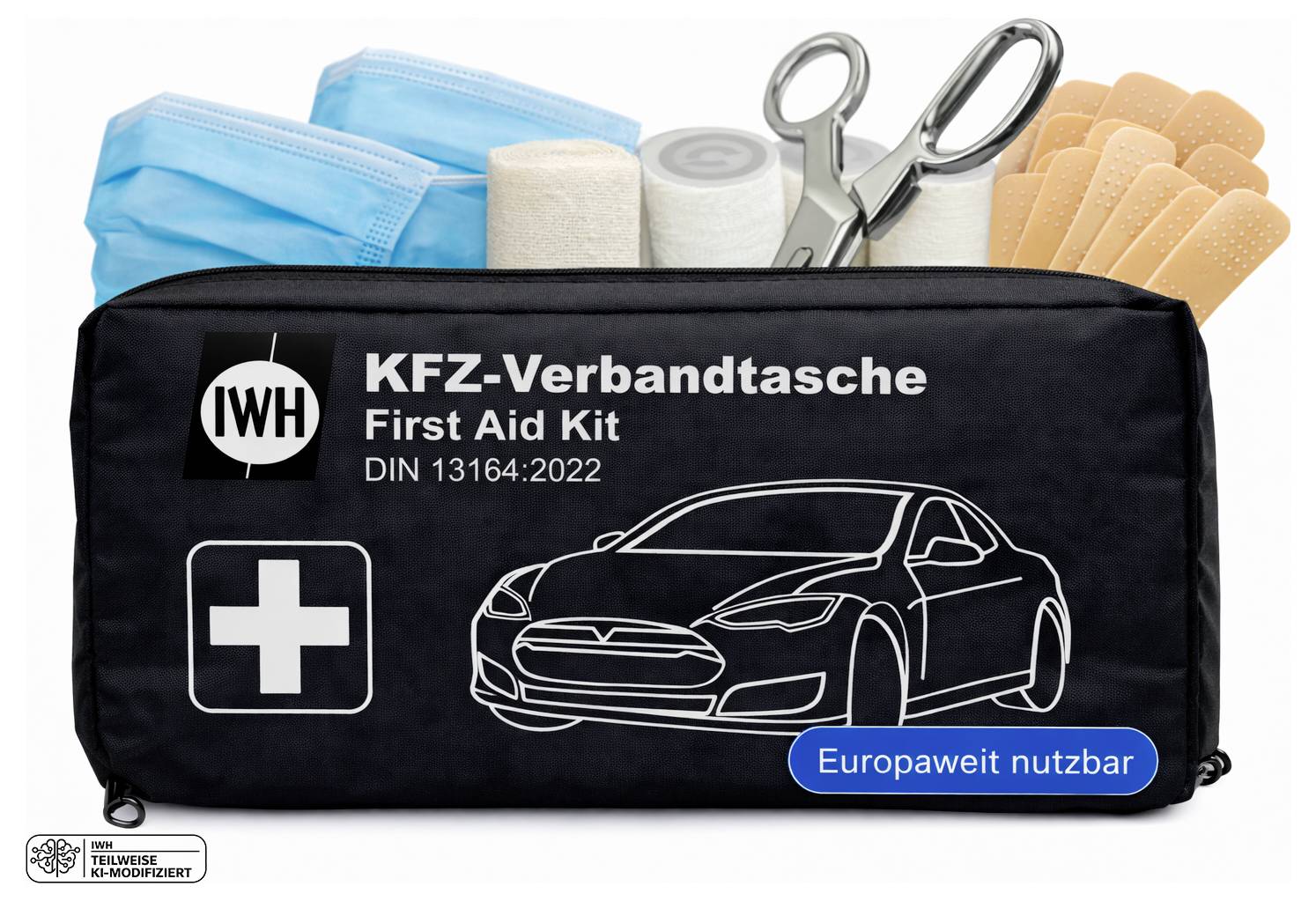 Schwarze Erste-Hilfe-Tasche mit der Aufschrift „KFZ-Verbandtasche First Aid Kit