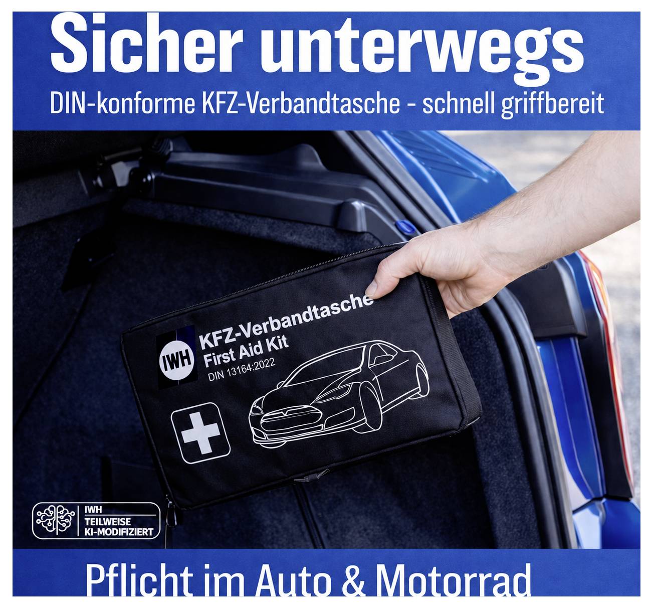 Werbeplakat für eine DIN-konforme KFZ-Verbandtasche; Hand hält die Tasche im Kofferraum, Text 'Sicher unterwegs' und 'Pflicht im Auto & Motorrad'.