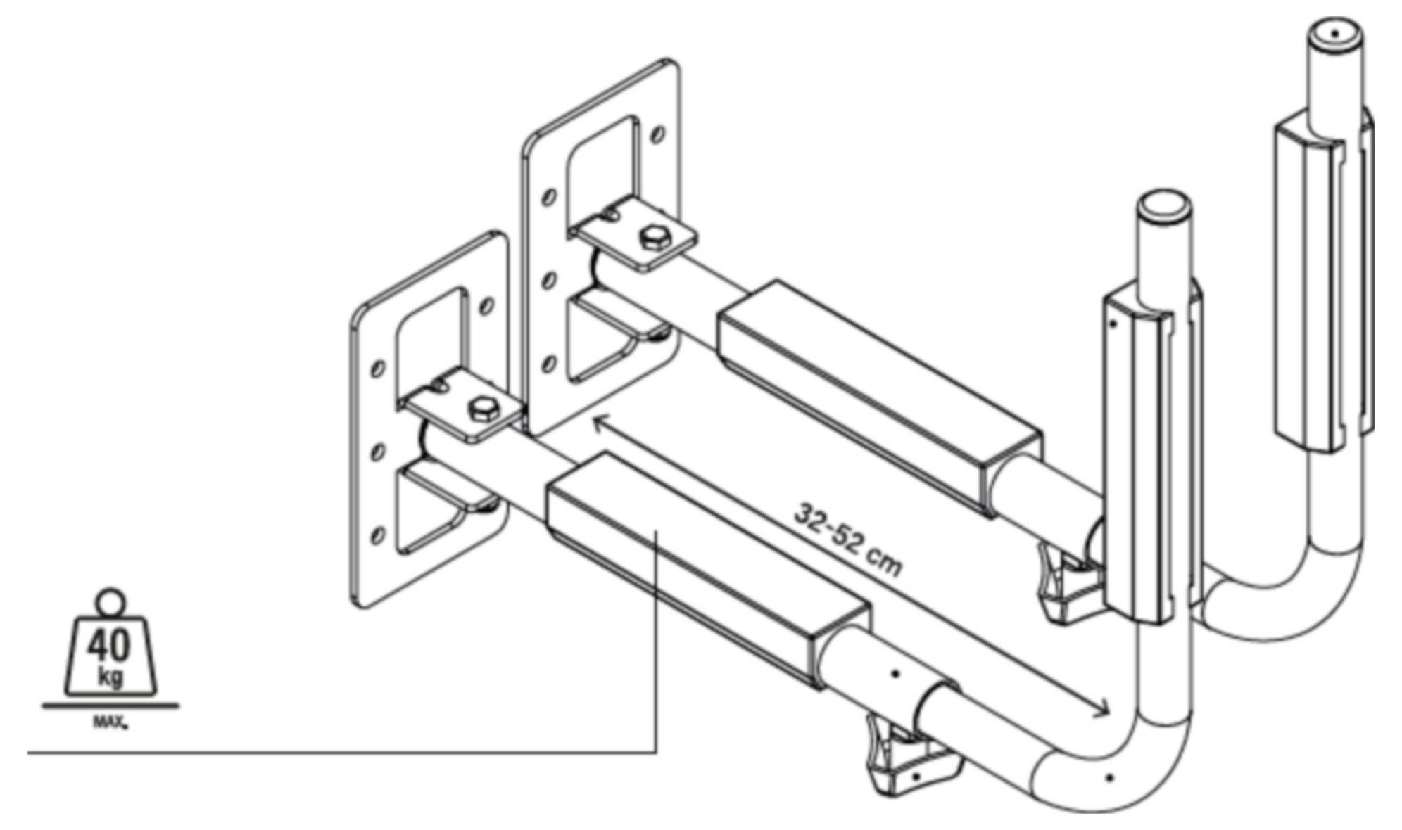 Diagramm von wandmontierten Parallelstangen mit zwei Stützhalterungen und Bodenrohren, gekennzeichnet mit maximaler Last 40 kg und verstellbarer Länge 32-52 cm.