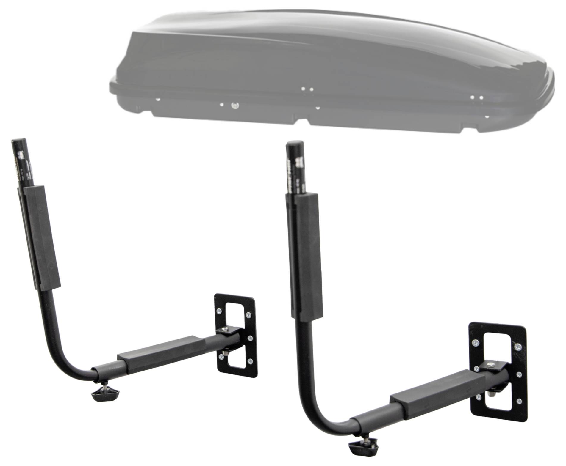 Zwei schwarze Dachträger-Fahrradträger mit Gabelhalterungen, dargestellt mit einer grauen Dachbox darüber auf weißem Hintergrund.