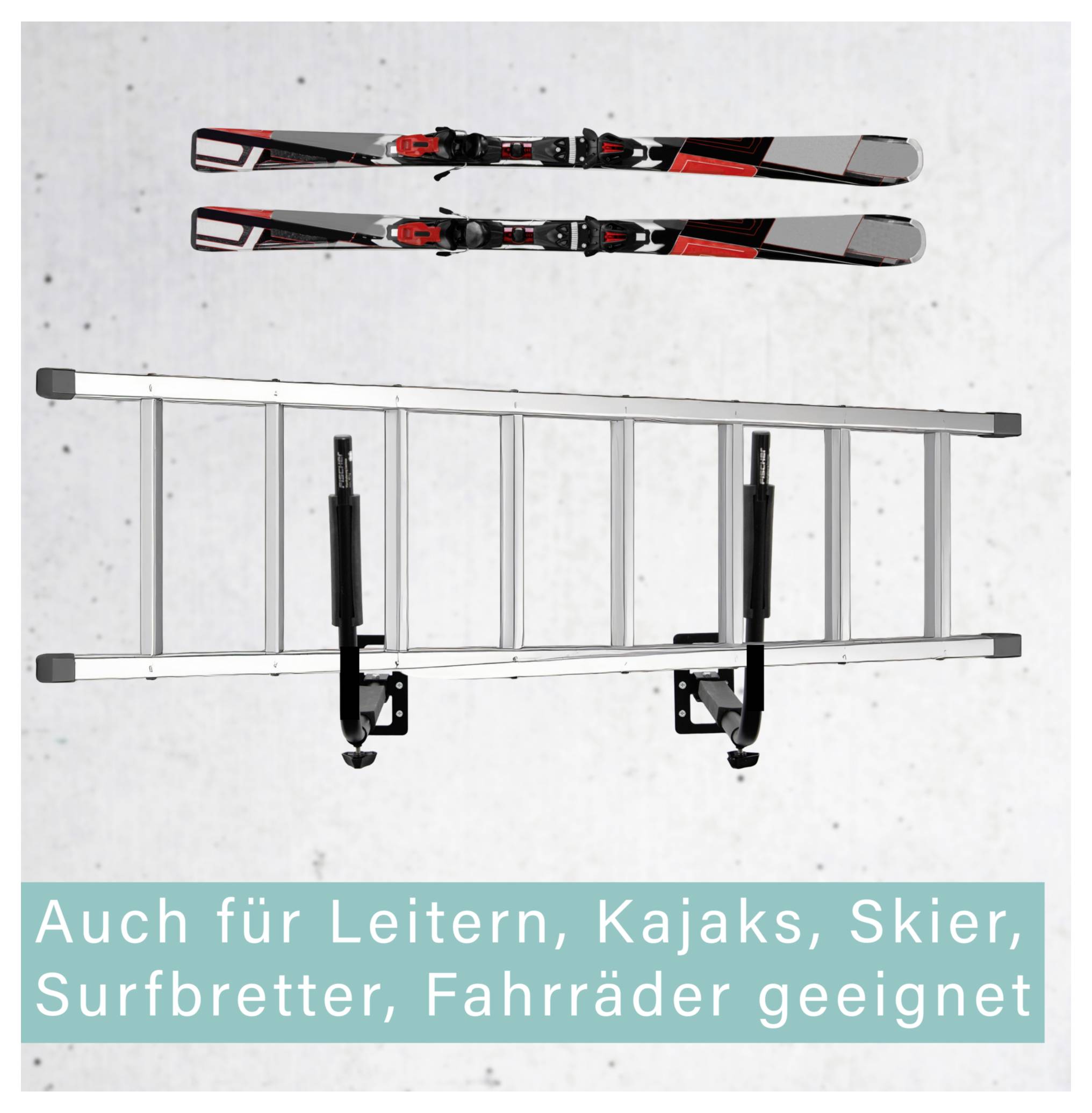Fahrradträger für Auto mit Leiterhalterung und Halterungen für Skier, Kajaks und Surfbrett; Text: 'Auch für Leitern, Kajaks, Skier, Surfretter, Fahrräder geeignet'