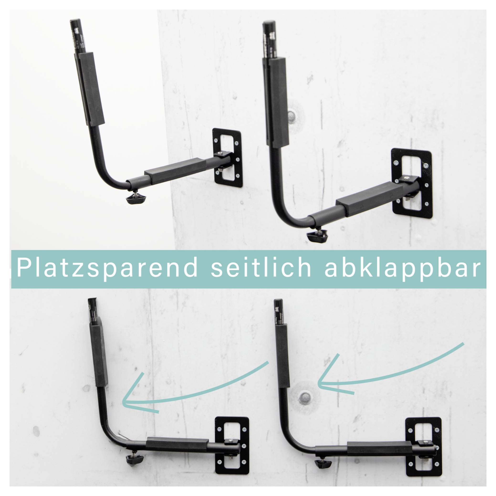 Seitlich abklappbare Wandhalterung für platzsparendes Verstauen, mit zwei Zuständen: ausgeklappt und eingeklappt.