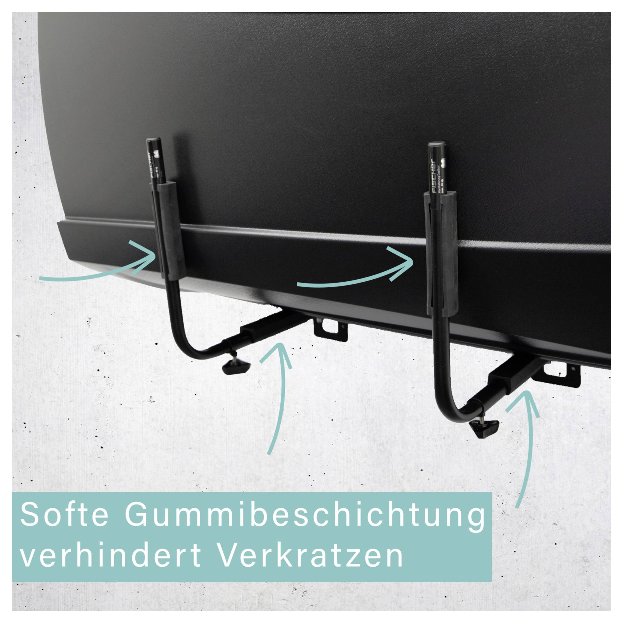 Nahaufnahme einer Wandhalterung mit weicher Gummibeschichtung; Pfeile markieren die Kontaktstellen, Text: 'Softe Gummibeschichtung verhindert Verkratzen'.
