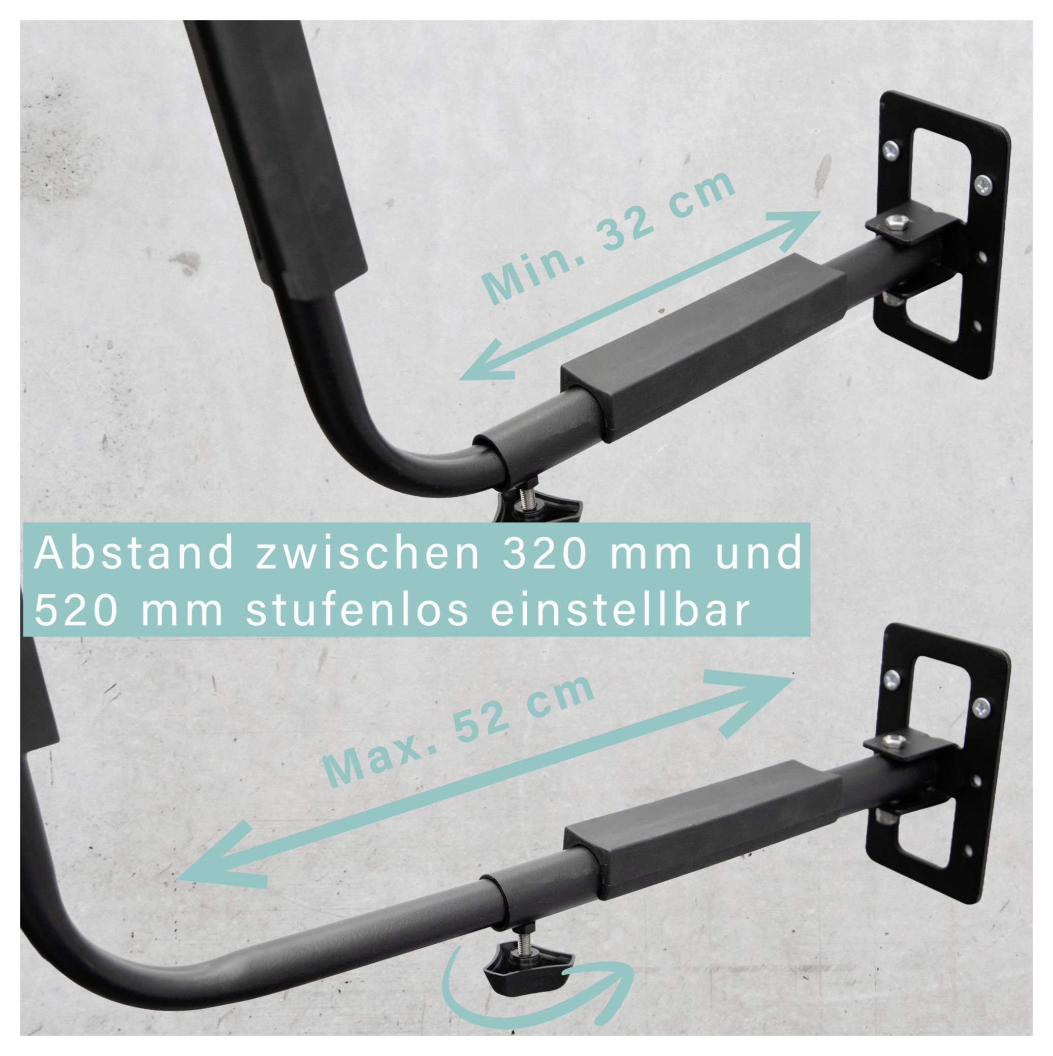 Verstellbare Halterung mit Abstand von 320 bis 520 mm; Beschriftung 'Min. 32 cm' und 'Max. 52 cm' zeigt stufenlose Längenanpassung.