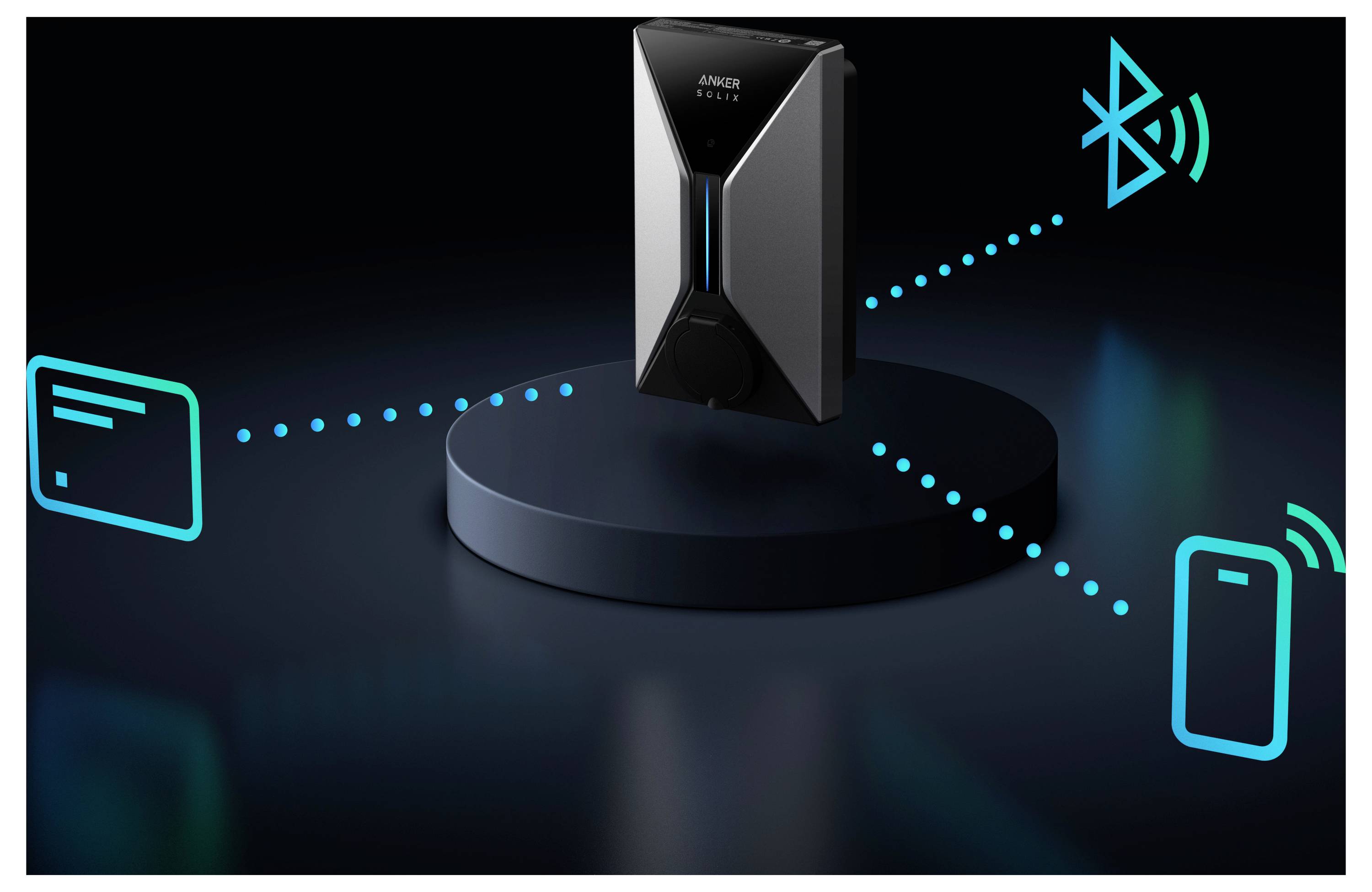 Ein schwarzes Gerät wird angezeigt, das durch ein blaues Bluetooth-Symbol und ein Smartphone-Symbol seine Konnektivität signalisiert.