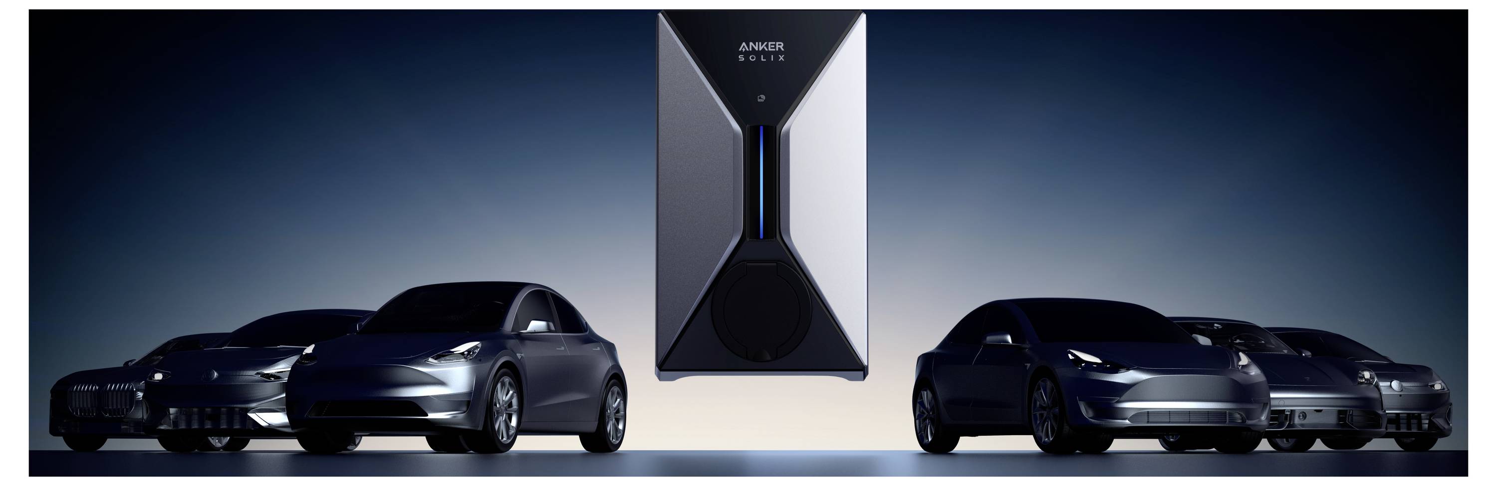 Elektrische Autos parken um eine zentrale Anker Energy Ladestation, vor einem Verlaufshimmel in Blautönen.