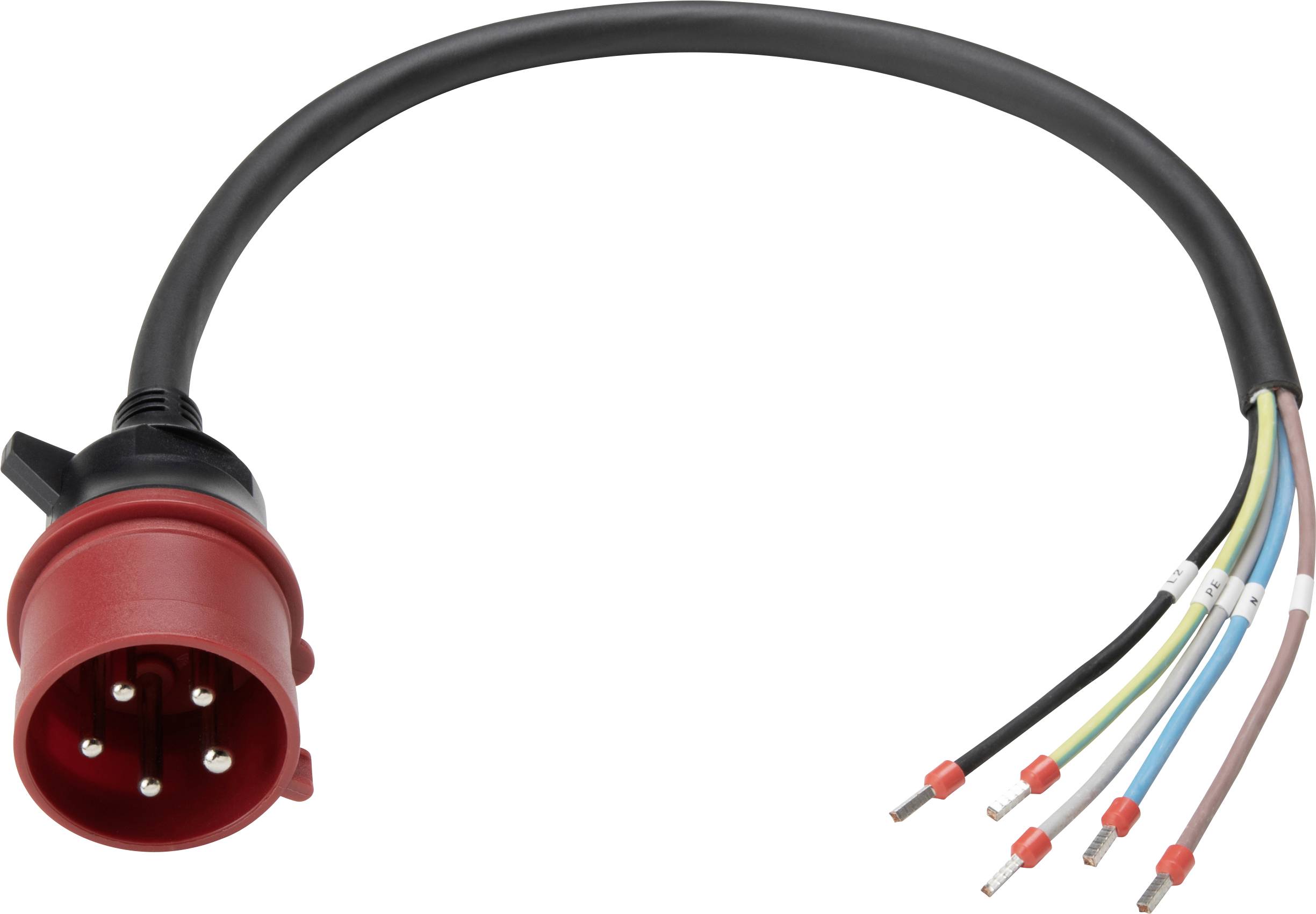 Ein roter industrieller Stecker mit einem schwarzen Kabel, der fünf freiliegende mehrfarbige Drähte zeigt, der eine elektrische Anschlusseinrichtung darstellt.