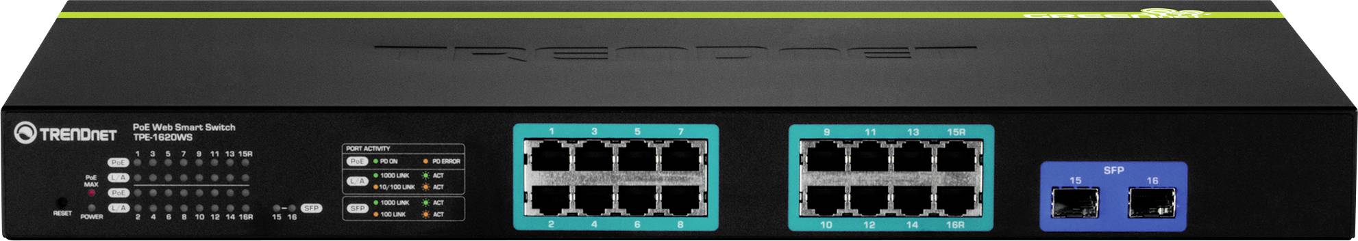 Ein schwarzer und türkisfarbener Netzwerk-Switch mit 12 Ethernet-Ports und 2 Glasfaser-Ports. Markenname auf der linken Seite und LED-Anzeigen.