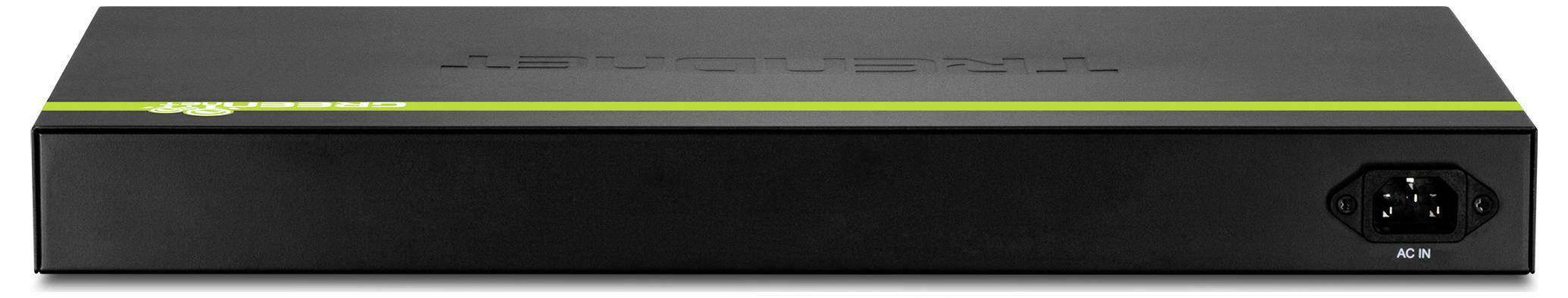 Ein schwarzes Netzwerkhardware-Gerät mit grünem Streifen, mit der Aufschrift 