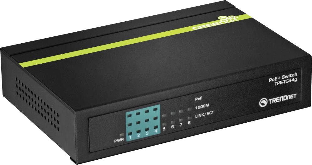 Ein schwarzer TRENDnet PoE-Switch, Modell TPE-TG44g, mit Indikatorleuchten und 'GreenNet'-Branding, verwendet für Netzwerkverbindungen.