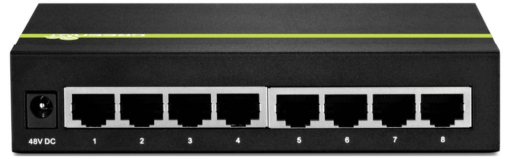 Ein schwarzer Netzwerk-Switch mit acht Ethernet-Ports, nummeriert von 1 bis 8, und einem Stromanschluss mit der Beschriftung „48V DC