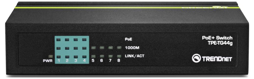 Frontansicht eines TRENDnet PoE+ Switches TPE-TG44g, mit Anschlüssen, Netzschalter und 1000M LINK/ACT-Leuchten.
