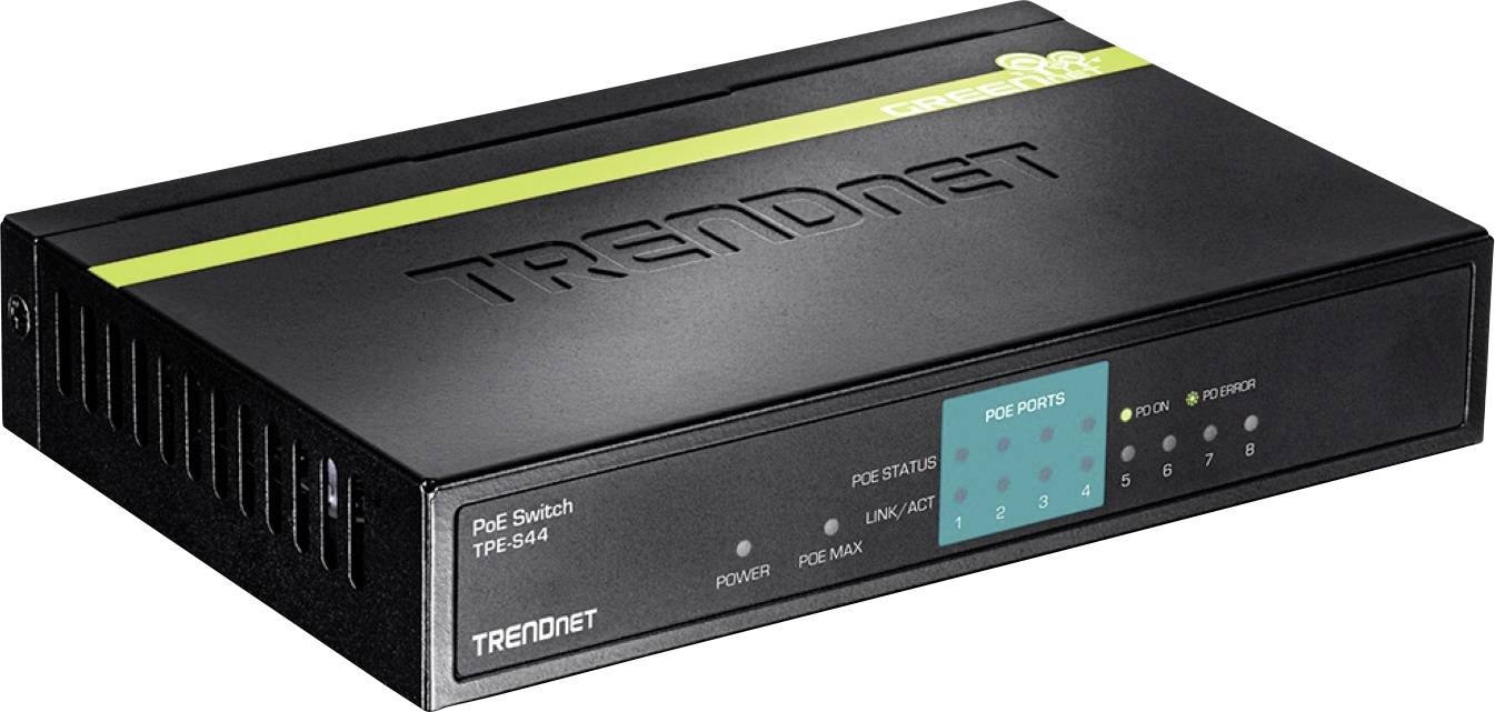 Ein schwarzer TRENDnet PoE-Switch mit der Bezeichnung 'TPE-S44' mit Anzeigenleuchten und Portbezeichnungen auf dem Frontpanel für Netzwerkverbindungen.