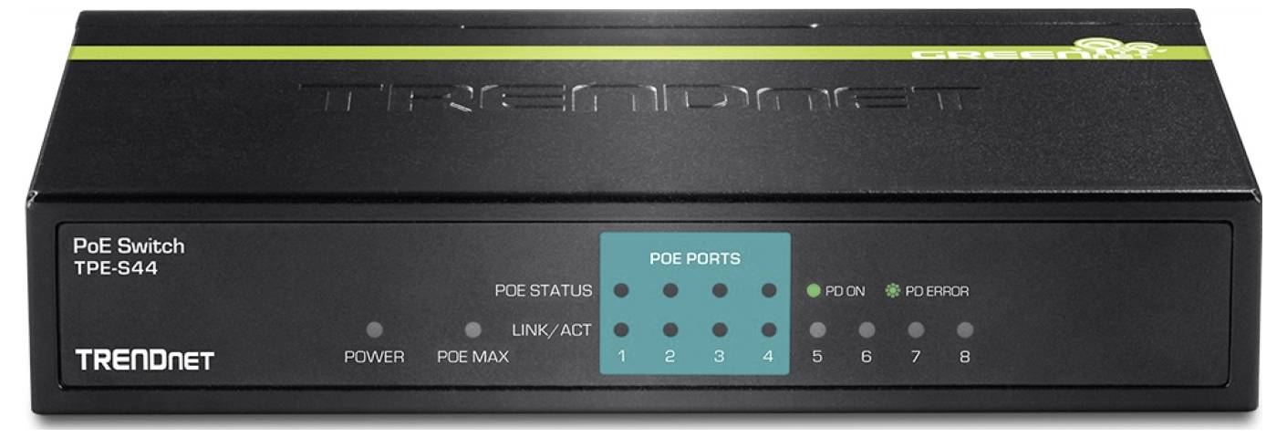 Ein schwarzer TRENDnet TPE-S44 PoE-Switch mit acht Netzwerkports, die von 1 bis 8 beschriftet sind, mit Strom- und Aktivitätsanzeigen.