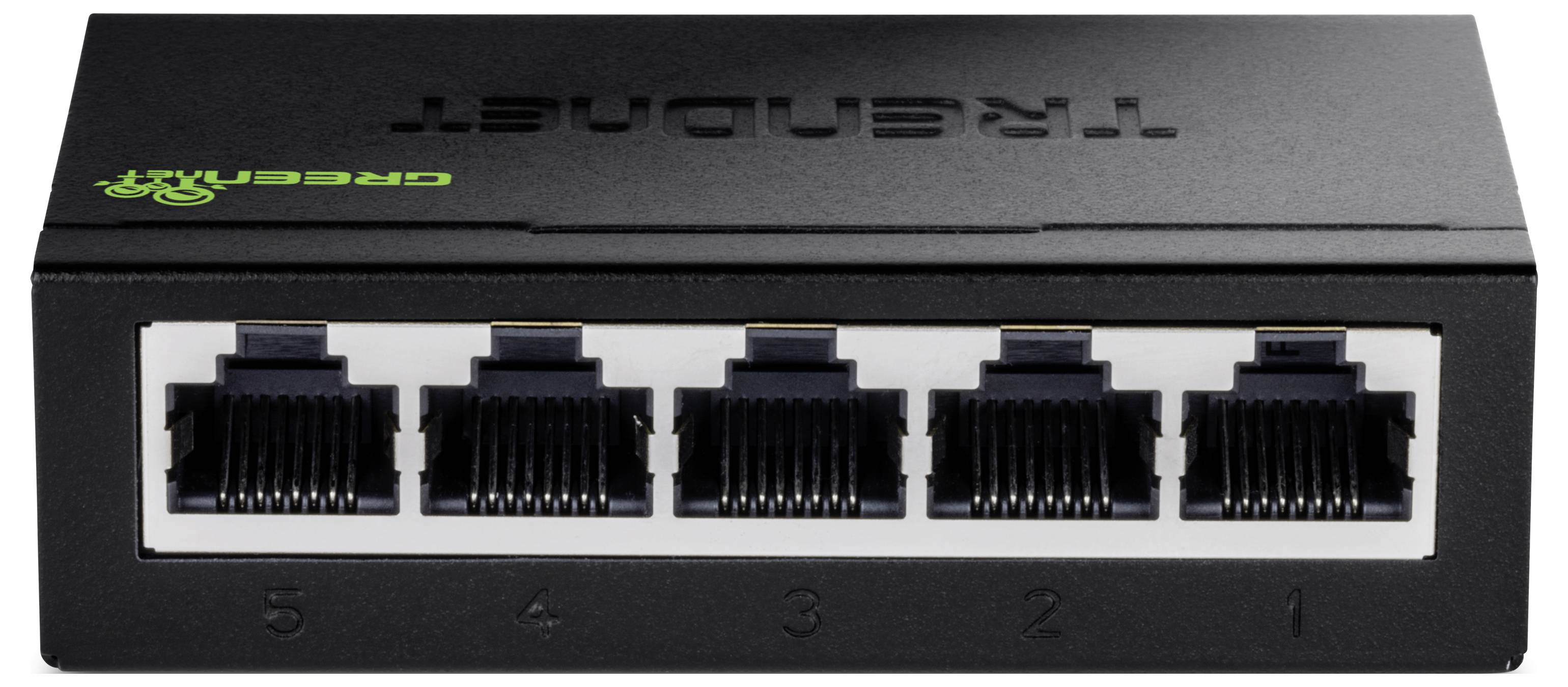 Ein schwarzer Ethernet-Switch mit fünf Anschlüssen, die von 1 bis 5 beschriftet sind, an der Vorderseite. 'TRENDnet' ist auf der Oberseite des Geräts gedruckt.
