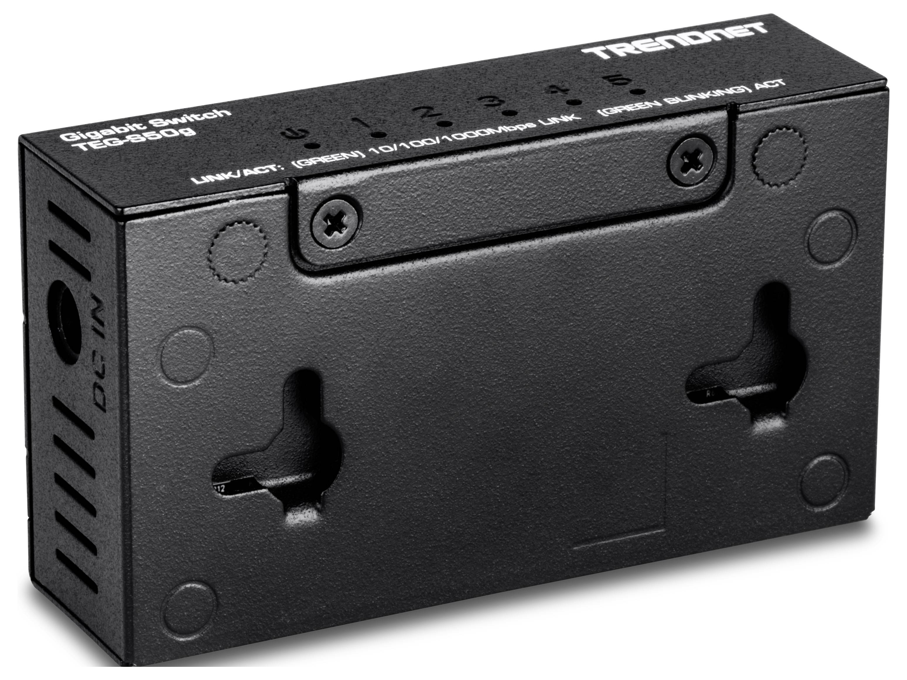 Schwarzer TRENDnet Gigabit-Switch, Modell TEG-S50G, mit fünf Ethernet-Ports und Stromanschluss an der Seite, für die Wandmontage konzipiert.