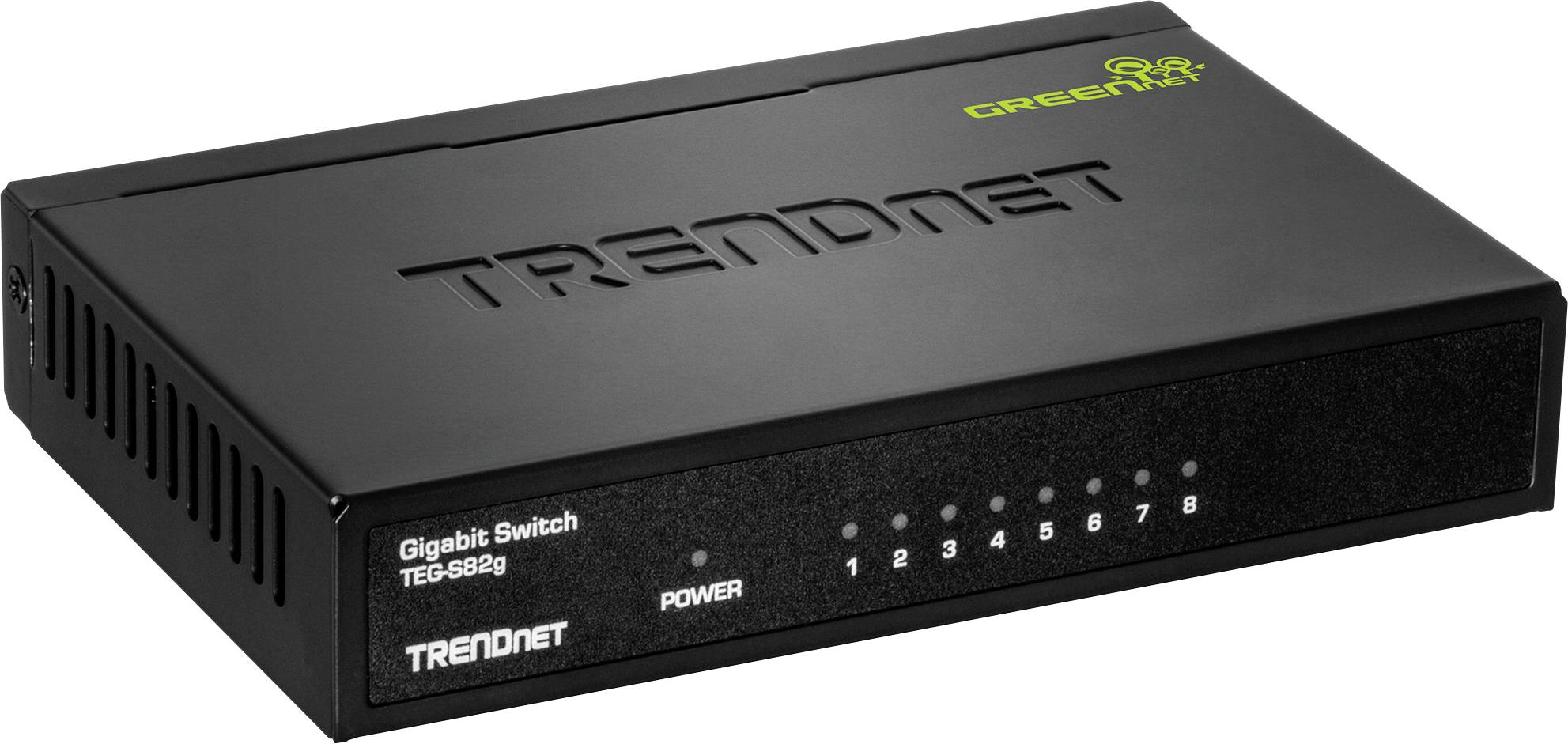 Ein schwarzer TRENDnet Gigabit Netzwerk-Switch mit acht Ports, LED-Anzeigen und der Modellbezeichnung 'TEG-S82g' auf der Vorderseite.