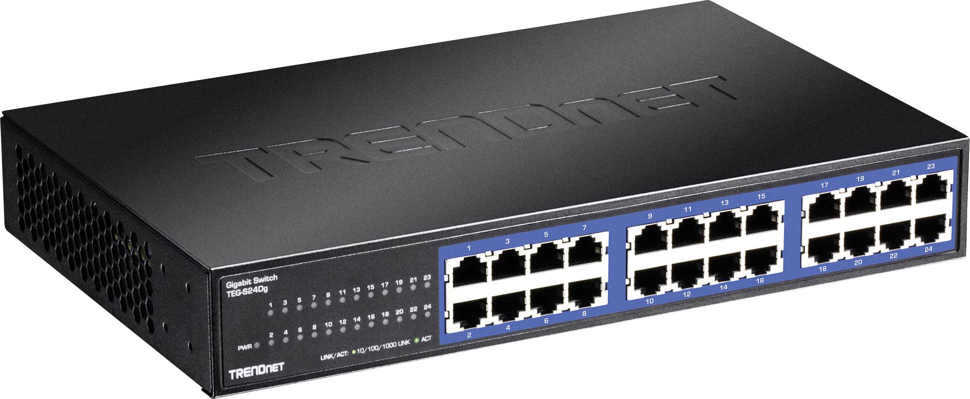 Ein schwarzer TRENDnet Netzwerk-Switch mit 16 Ethernet-Ports, beschriftet als 'Web Smart Switch TEG-1612T', verwendet zum Verbinden von Netzwerkgeräten.