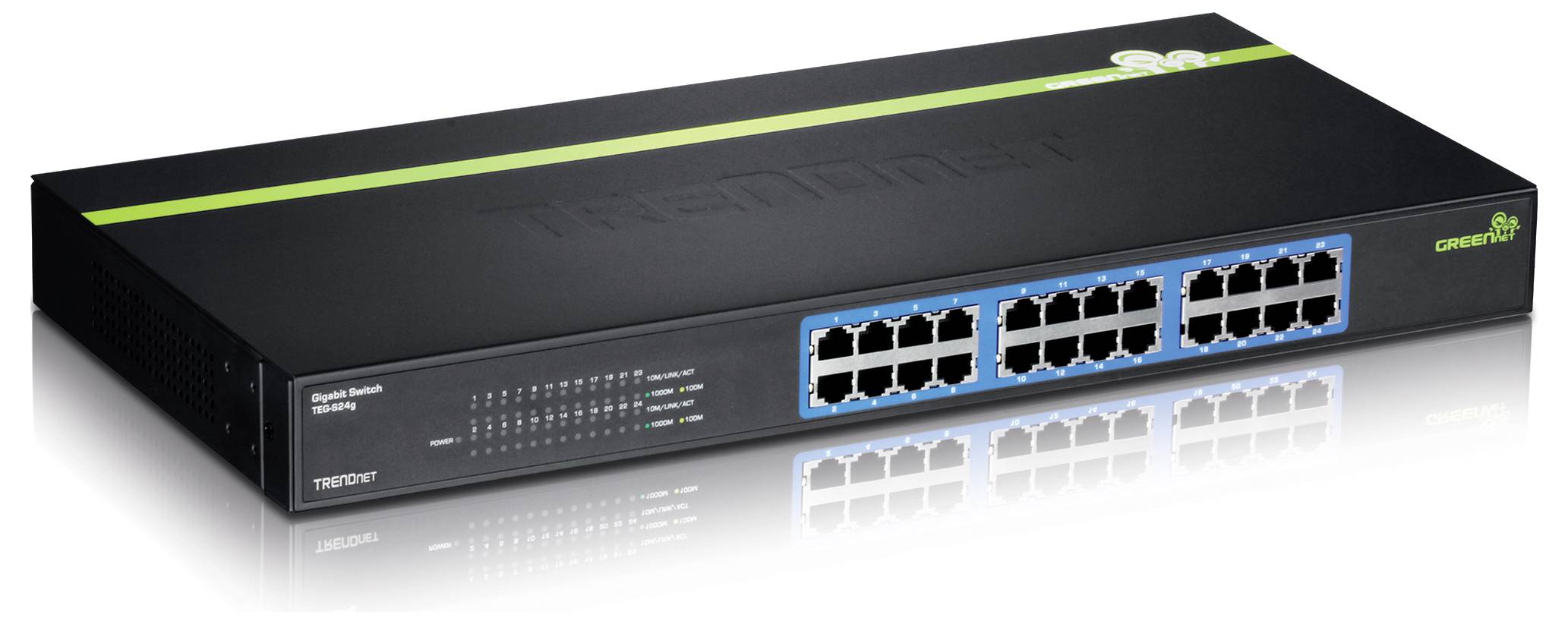 Ein schlanker schwarzer Ethernet-Switch mit 16 Anschlüssen und Indikatorleuchten, entwickelt zur Verbesserung von Netzwerkverbindungen in Büros oder zu Hause.