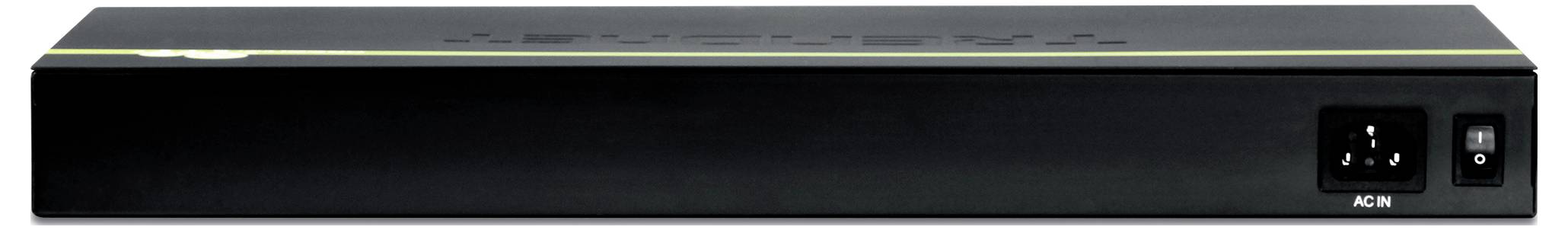 Ein schwarzes, rechteckiges elektronisches Gerät mit einem vorderen Einschaltknopf und einer Status-Anzeigelampe. Höchstwahrscheinlich ein Netzwerk-Switch oder Router.