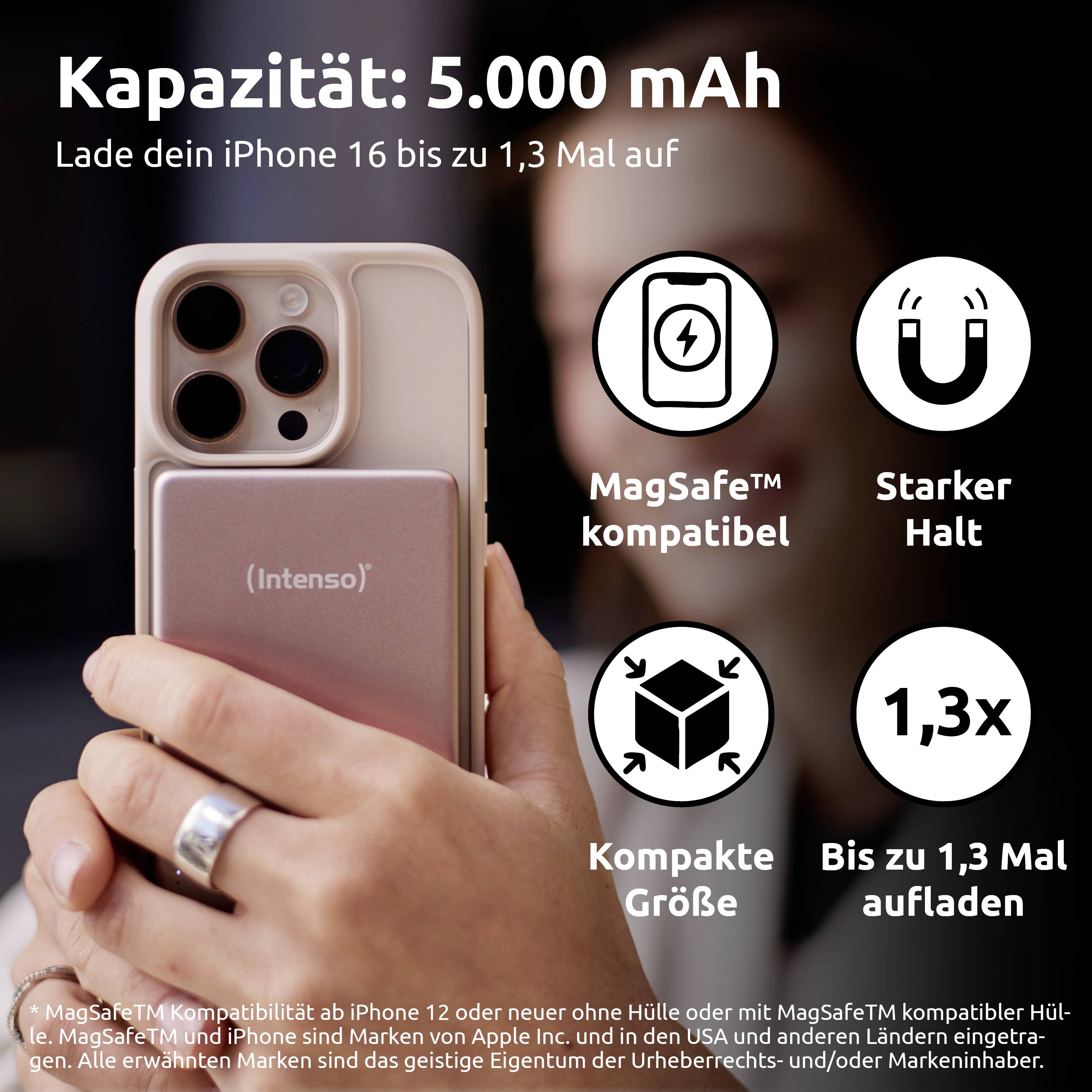 Kapazität: 5.000 mAh. Zeigt eine tragbare Powerbank für iPhone, MagSafe-kompatibel. Hebt starken Halt, kompakte Größe und bis zu 16 vollständige Ladungen hervor.