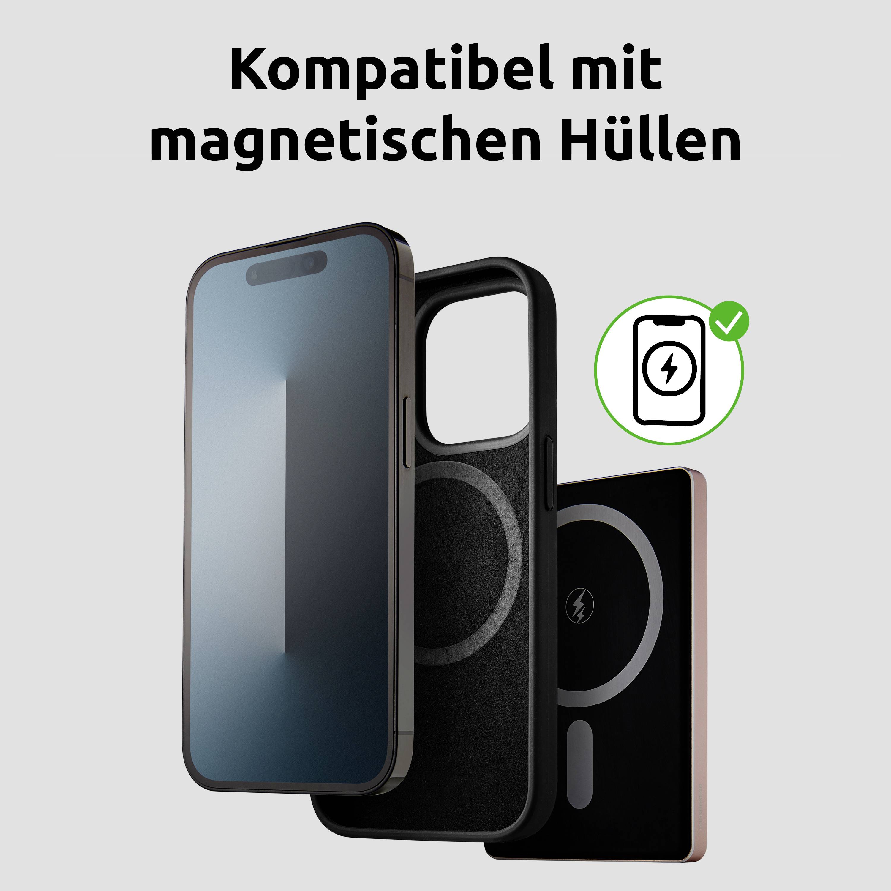 Smartphone mit einer magnetischen Hülle, die Kompatibilität hervorhebt. Text lautet: 'Kompatibel mit magnetischen Hüllen'