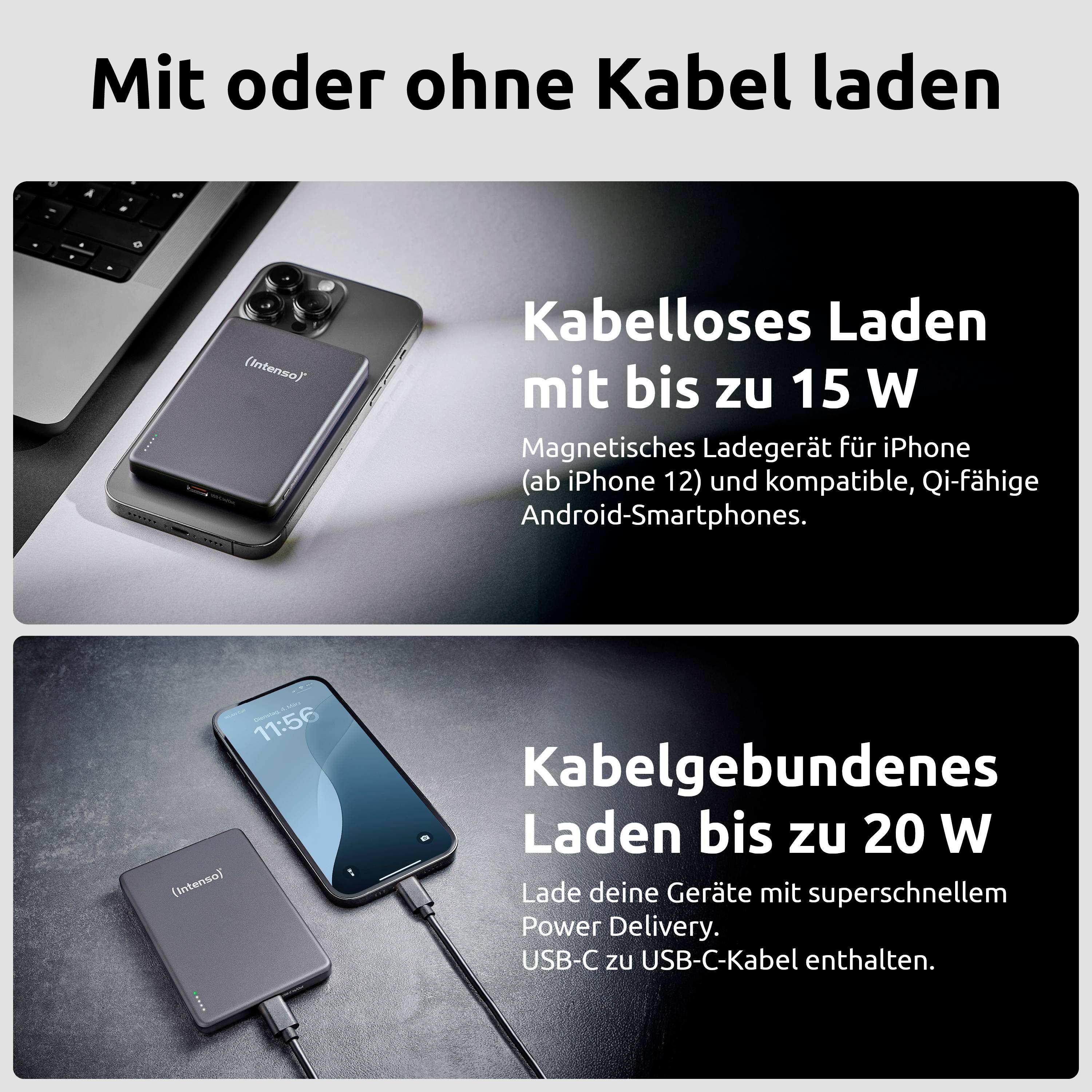 Bild zeigt zwei Abschnitte: drahtloses Laden mit magnetischem Ladegerät bis zu 15W und Kabelladung bis zu 20W mit USB-C-Kabel.
