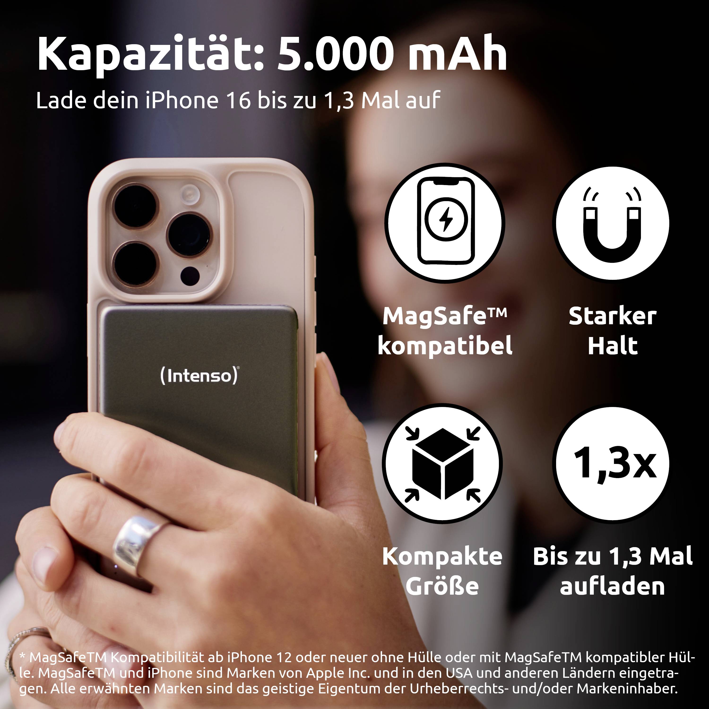 'Kapazität: 5.000 mAh' zeigt eine Hand, die ein Powerbank hält, das an ein Telefon angeschlossen ist. Veranschaulicht die MagSafe-Kompatibilität bei kompakter Größe.