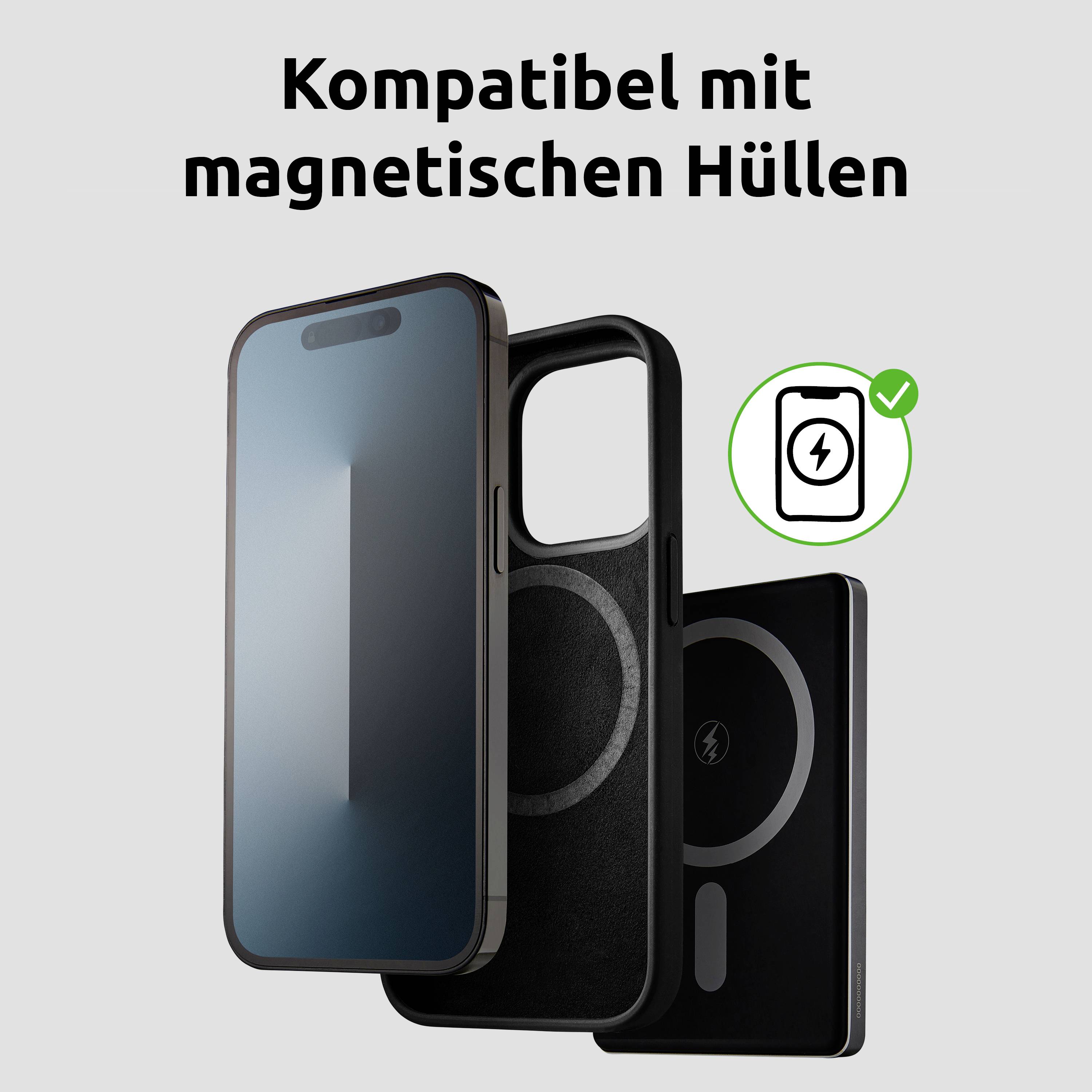 Smartphone mit Magnetgehäuse-Kompatibilität; zeigt Smartphone und abgetrennten Rückdeckel mit kreisförmigem Magnetdesign, Symbol zeigt Kompatibilität an.
