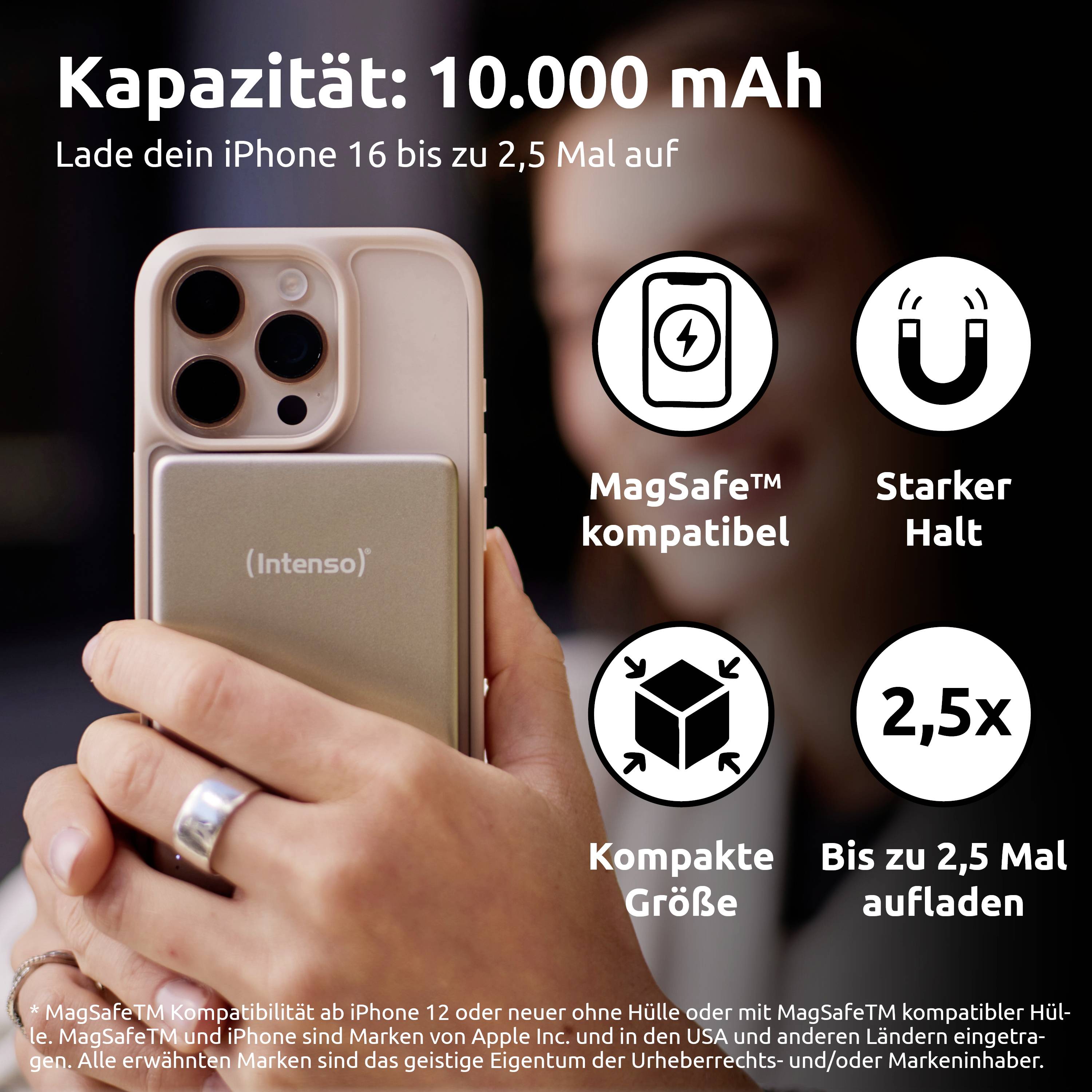 Smartphone-Powerbank-Hülle in der Hand gehalten, mit 10.000 mAh Kapazität. Merkmale: MagSafe-kompatibel, starker Halt, kompakte Größe. Lädt iPhone 16 bis zu 2,5 Mal auf.