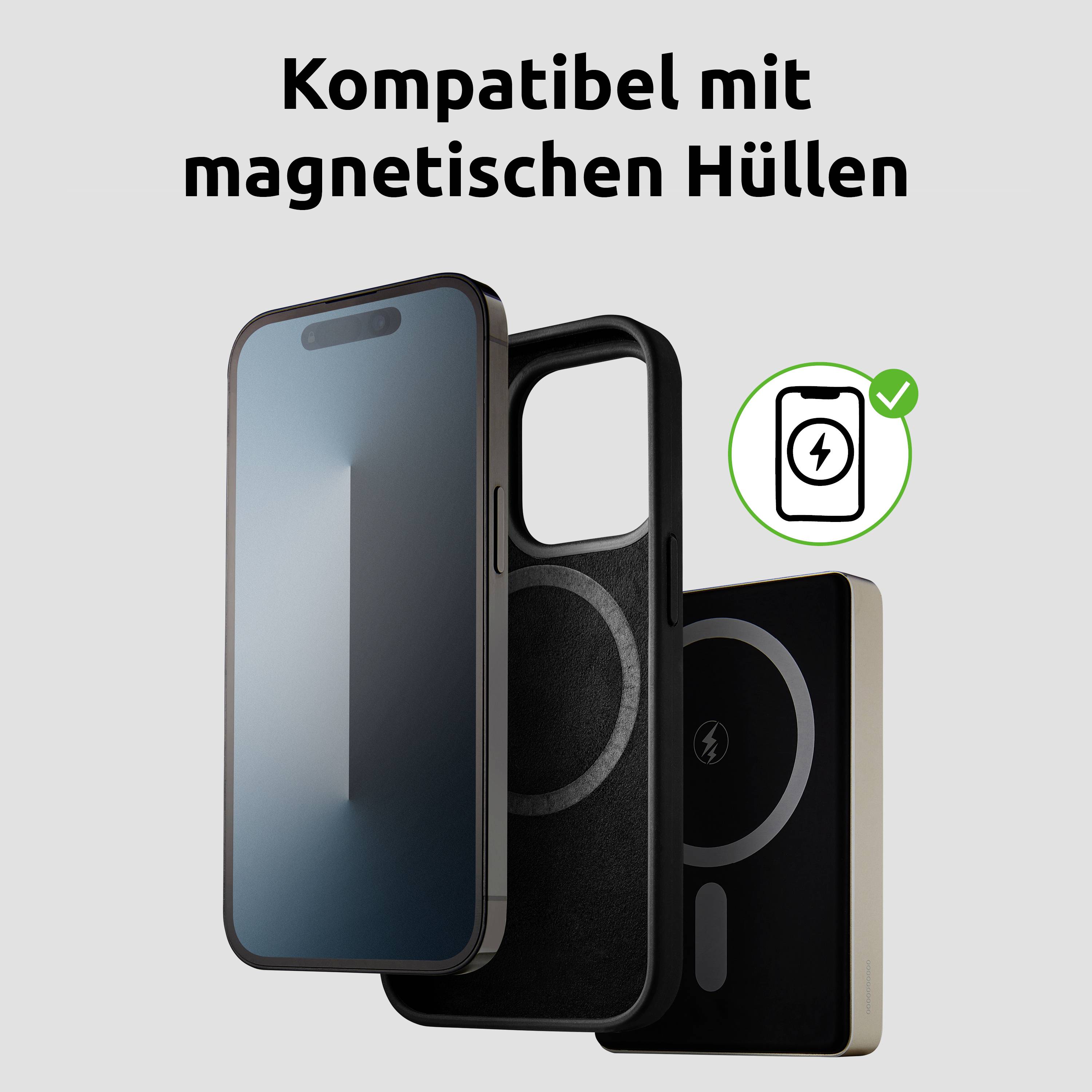 Ein Smartphone mit einer magnetischen Hülle wird abgebildet, was die Kompatibilität mit magnetischen Zubehörteilen anzeigt. Der deutsche Text oben liest sich: „Kompatibel mit magnetischen Hüllen