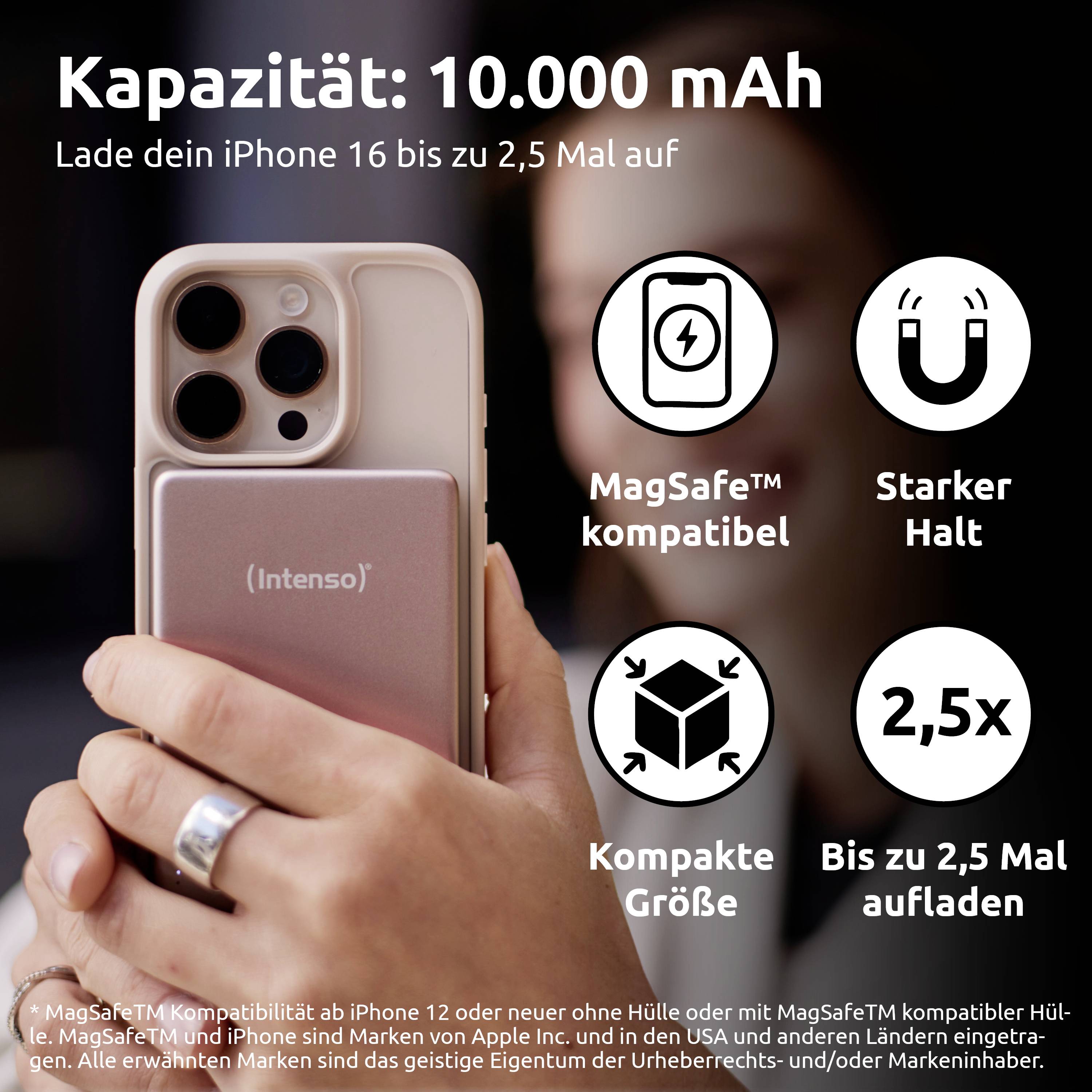 Eine Hand, die ein Telefon mit einer rosa Powerbank hält. Der Text hebt eine Kapazität von 10.000 mAh, MagSafe-Kompatibilität, kompakte Größe, starken Halt und bis zu 2,5-faches Aufladen hervor.