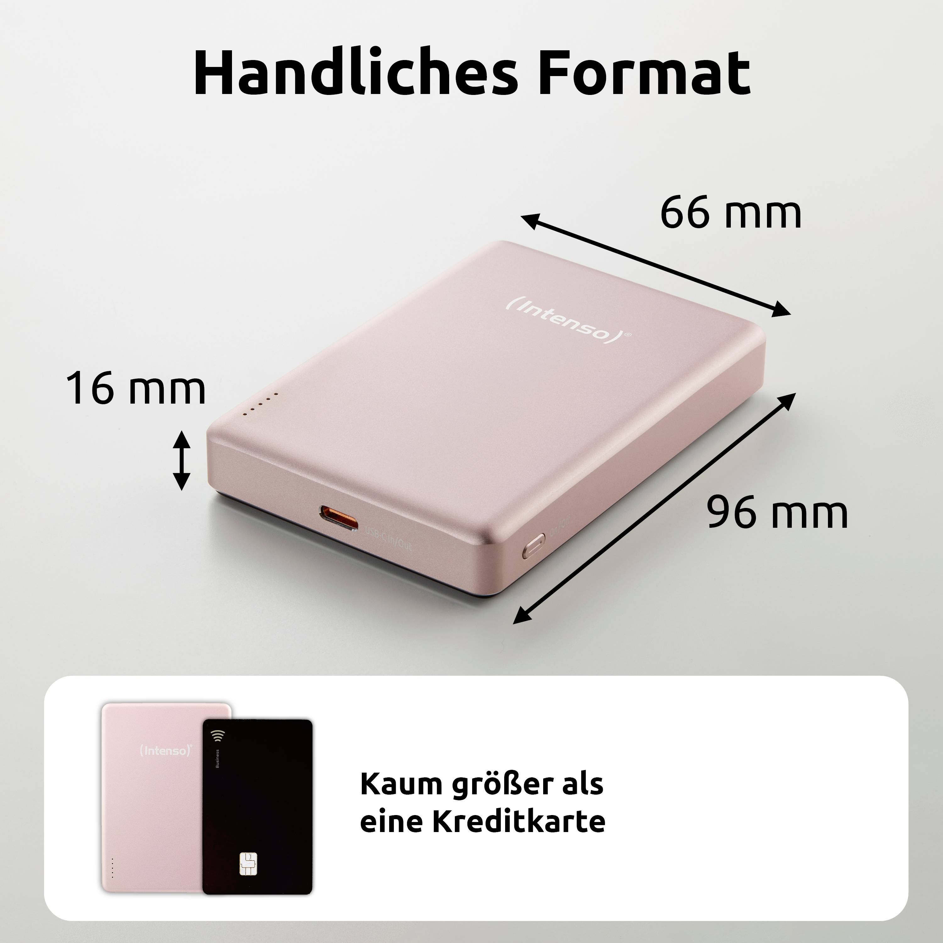 Ein rosa kompaktes Gerät mit den Abmessungen 96 mm x 66 mm x 16 mm, mit der Aufschrift 